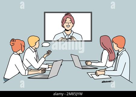 Smiling businesswoman talk on video call with colleagues in office. Businesspeople have web conference in boardroom. Digital communication. Vector illustration.  Stock Vector
