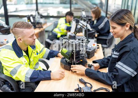 Engineer learn basic theory how to operation maintenance and programing robot arm in training room Stock Photo