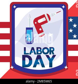 Colored labor day poster with shield label and construction tools Vector Stock Vector
