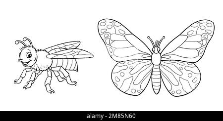 Cute bee and butterfly to color in. Template for a coloring book with funny animals. Coloring template for kids. Stock Photo