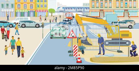 Road construction site with construction workers, illustration Stock Vector