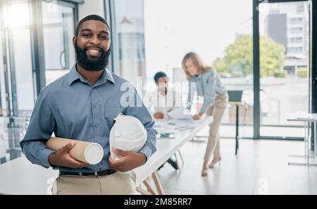 Portrait, black man and engineer in office, hard hat and blueprints for new building, collaboration or happy. Architecture, Nigerian male or builder Stock Photo