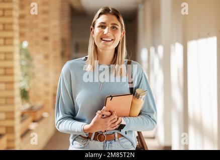 Face portrait, student and woman in university ready for learning, goals or targets. Education, scholarship and happy and proud female learner from Stock Photo
