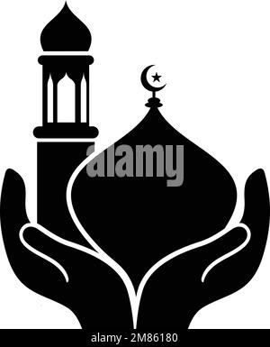 Two Hand mosque dome with minar icon holding Two Hand vector. Islamic Festival related icon. Stock Vector