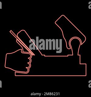 Neon jointer jack plane in hand holding tool use Arm using instrument with wood red color vector illustration image flat style light Stock Vector