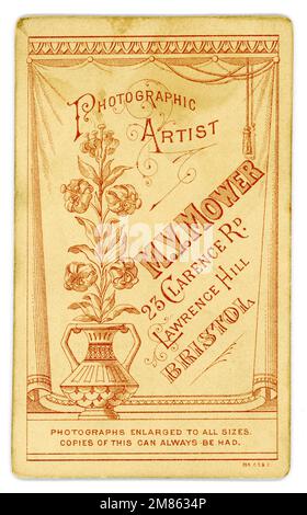 Original, charmingly illustrated late 1890's CDV (Carte de Visite or visiting card) From the studio M. Mower, 23 Clarence road, Lawrence Hill, Bristol, England, U.K. Circa 1897 or 1898. Stock Photo