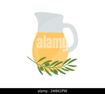 Olive oil in glass jug with olives and tree branches logo design. Glass jar with pure olive product. Natural fresh organic yellow vegetable. Stock Vector