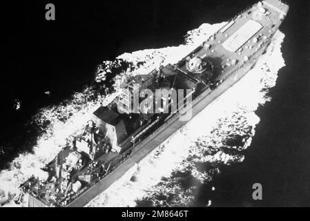 An elevated starboard quarter view of a Soviet Ropucha class tank landing ship. Country: Mediterranean Sea (MED) Stock Photo