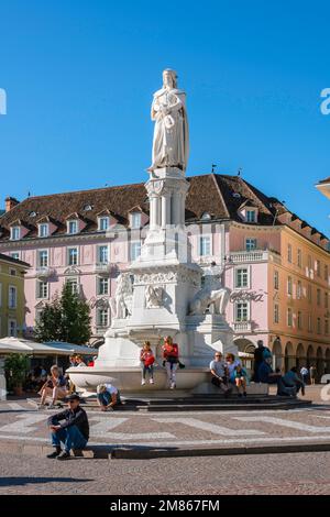 Piazza Walther Bolzano, view in summer of the statue of Walther von der Vogelweide sited in the Piazza Walther in the centre of Bolzano, Italy Stock Photo