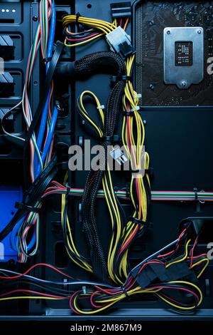 Wiring inside a desktop computer. Stock Photo