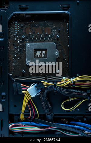 Wiring inside a desktop computer. Stock Photo