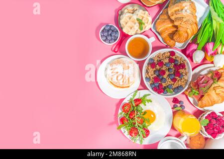 Mothers day Brunch restaurant invitation concept. Various Moms Womans Day Menu background, with traditional breakfast and lunch food and drink set, wi Stock Photo