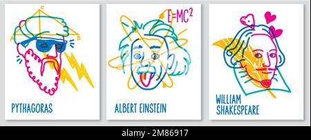 Poster of famous scientist Pythagoras, Albert Einstein, William Shakespeare, line illustration Stock Vector