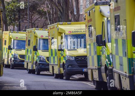 London, UK. 11th January 2023. Ambulance vehicles parked outside the London Ambulance Service headquarters in Waterloo. Stock Photo