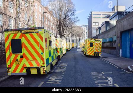 London, UK. 11th January 2023. Ambulance vehicles parked outside the London Ambulance Service headquarters in Waterloo. Stock Photo