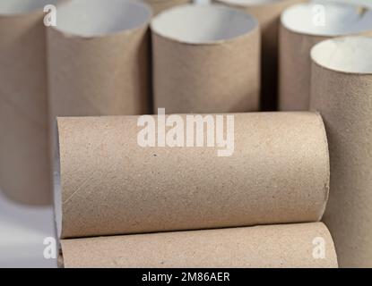 A lot of empty cardboard tubes from toilet paper Stock Photo