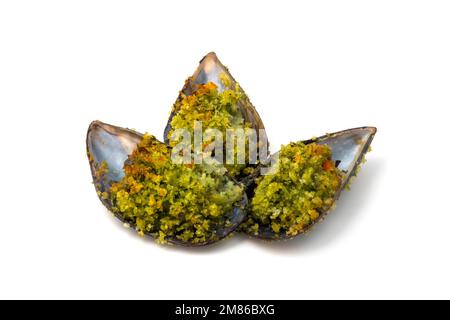 Italian cozze gratinate (gratin mediterranean mussels) on a white background Stock Photo