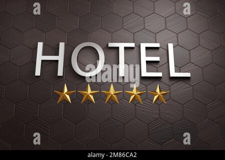 Silver sign of a hotel with 5 golden stars below on geometric background . Illustration of the concept of 5-star hotels Stock Photo