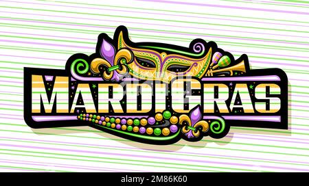 Vector banner for Mardi Gras, dark decorative label with illustrations of fleur de lis symbol, orange venice mask, colorful beads and unique brush let Stock Vector