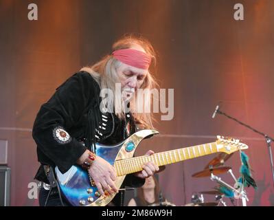 Ex-Scorpions guitarist Uli Jon Roth live on stage with his rockband at Rockhard-Festival Gelsenkirchen, 2018. Stock Photo