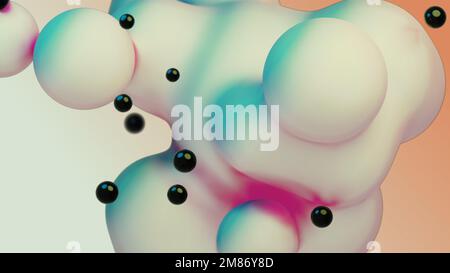 Liquid animated moving white meta ball floating spheres blob drops bubbles metaball metasphere deformation space orange background with black little Stock Photo