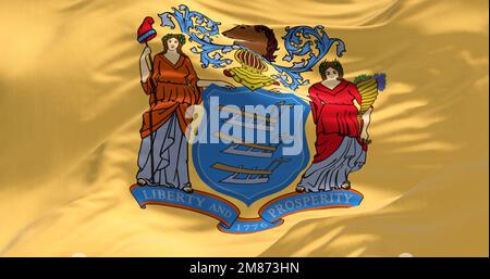 Close-up of the New Jersey state flag. Coat of arms on buff background. US state. Rippled fabric. Textured background. Realistic 3d illustration Stock Photo