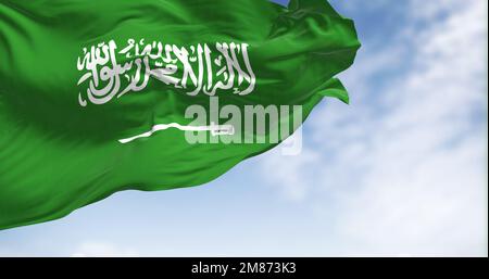 Saudi Arabia national flag waving in the wind on a clear day. Green field with Shahada and sword in Thuluth script. Rippled fabric. Realistic 3d illus Stock Photo