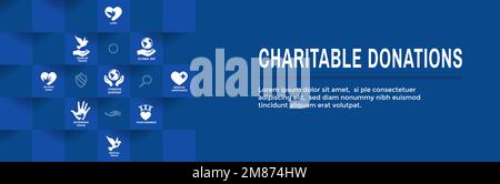 Charitable Giving with Donations Icon Set and Web Header Banner Stock Vector