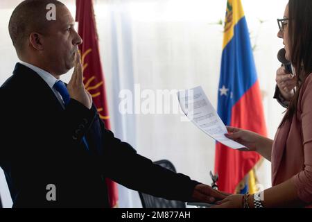 Valencia, Carabobo, Venezuela. 12th Jan, 2023. January 12, 2023. Douglas Jimenez, councilor for the AcciÃ³n DemocrÃtica political party, assumes the presidency of the municipal chamber of the San Diego municipality, in the state of Carabobo. Photo: Juan Carlos Hernandez (Credit Image: © Juan Carlos Hernandez/ZUMA Press Wire) EDITORIAL USAGE ONLY! Not for Commercial USAGE! Stock Photo