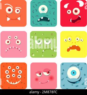 Cartoon monster faces set. Vector collection of cute square avatars. Stock Vector
