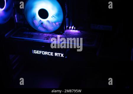 Ternopil, Ukraine - January 11, 2023: PNY Nvidia Geforce RTX 3060 gaming graphics card, dark background. Stock Photo