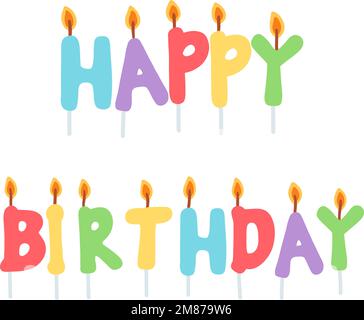 Hand drawn colorful Birthday candles. Vector illustration of cake candles with burning flames, design elements in cartoon flat style Stock Vector