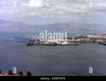 An aerial view of various ships moored at the Naval Ship Repair Facility. Base: Naval Station, Subic Bay State: Luzon Country: Philippines (PHL) Stock Photo