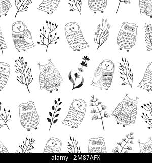 Seamless pattern with cute doodle owls and branches. Black and white vector background. Stock Vector