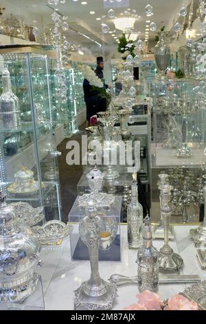 Beautiful ornate silverwares for Sabbath ceremony display in a silverware store on Lee Avenue.Williamsburg.Brooklyn.New York City.USA Stock Photo