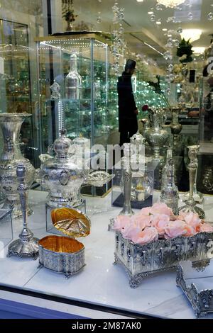 Beautiful ornate silverwares for Sabbath ceremony display in a silverware store on Lee Avenue.Williamsburg.Brooklyn.New York City.USA Stock Photo