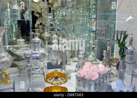 Beautiful ornate silverwares for Sabbath ceremony display in a silverware store on Lee Avenue.Williamsburg.Brooklyn.New York City.USA Stock Photo