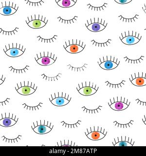 Colorful doodle eyes seamless pattern. Vector background with watercolor eyes and lashes. Stock Vector