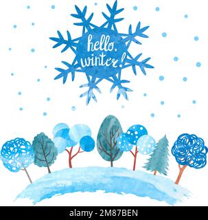 Hello winter vector illustration. Watercolor snowflake and trees in blue colors. Christmas background. Stock Vector