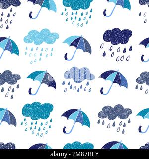 Rainy seamless pattern. Vector rain background with doodle clouds and umbrellas. Stock Vector