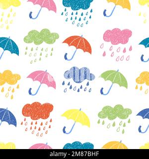 Colorful rainy seamless pattern. Vector rain background with doodle clouds and umbrellas. Stock Vector