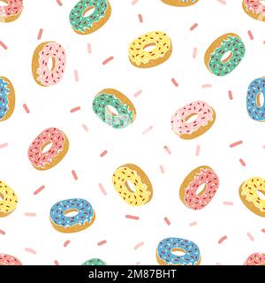 Colorful doodle donuts seamless pattern. Vector sweets background. Stock Vector