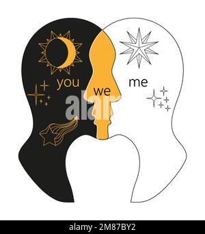 Psychology of relationship, love affection. The fusion of two personalities, lack of personal boundaries. Silhouette of two heads of people. Stock Vector