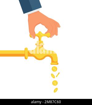 Golden coins fall out of the metal tap. isolated on background. Vector. Eps 10. Stock Vector