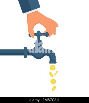 Golden coins fall out of the metal tap. isolated on background. Vector. Eps 10. Stock Vector