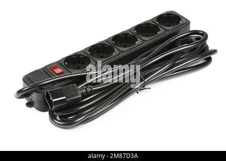 Black plastic electrical extension cord for household appliances isolated on white. High resolution photo. Full depth of field. Stock Photo