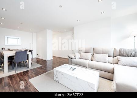 Living room of a short-term rental house with modern designer furniture in light wood and marble on a dark parquet floor and a dining table with gray Stock Photo