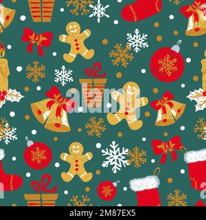 Christmas and New Year seamless pattern with doodle bells, balls, gingerbread Man, gifts and snowflakes. Vector holiday background. Stock Vector