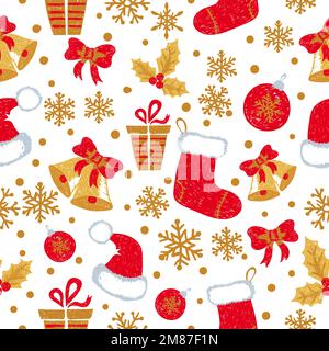 Christmas and New Year seamless pattern with doodle bells, balls, Christmas stockings and hats. Vector holiday background. Stock Vector