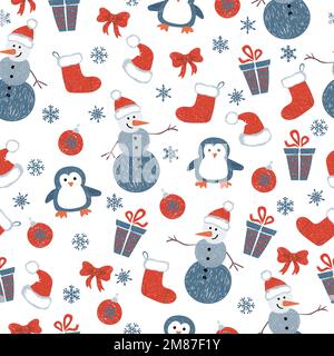 Seamless Christmas pattern with doodle decorative elements and cute characters. Vector holiday background. Stock Vector